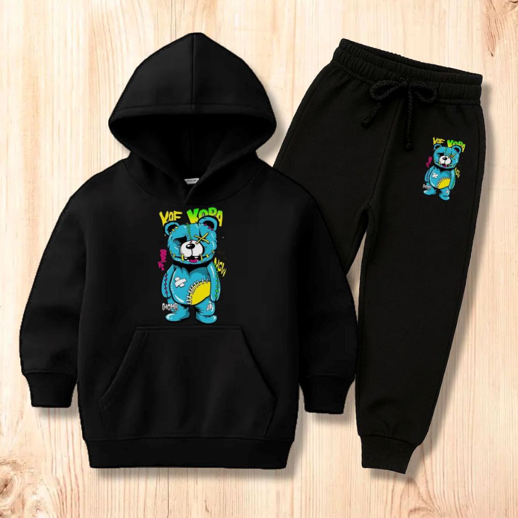 Conjunto Moletom Infantil  Urso azul Blusa De Frio Com Toca Mais Calça Flanelado Pronta Entrega