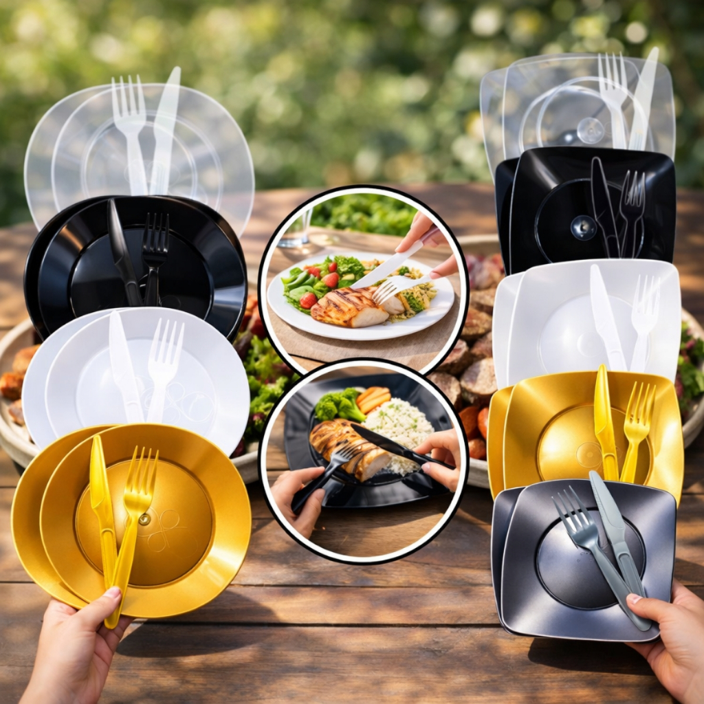 Kit 150 Itens Refeição Pratos e Talhres Acrilico Quadrado Redondo Churrasco Descartaveis Garfos Facas Resistente Dourado em Oferta na Shopee