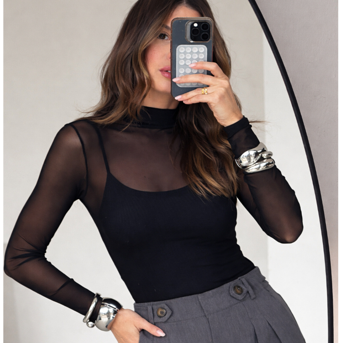 Blusa Tule Fenenina Gola Alta Manga Longa Transparente Tamanhos M,G, Fit Justo em Oferta na Shopee