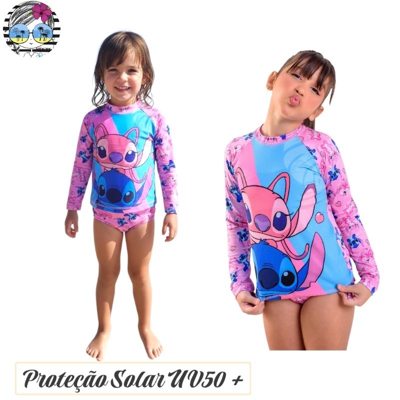 Biquíni Infantil e Blusa Stitc e Ang com Proteção Solar Uv50+ Conjunto Praia e Piscina Tamanhos 4 e 8