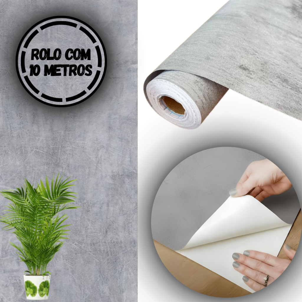 Papel De Parede Cimento Queimado 10 METROS Adesivo Vinil Autocolante Lavável Cozinha Banheiro Quarto