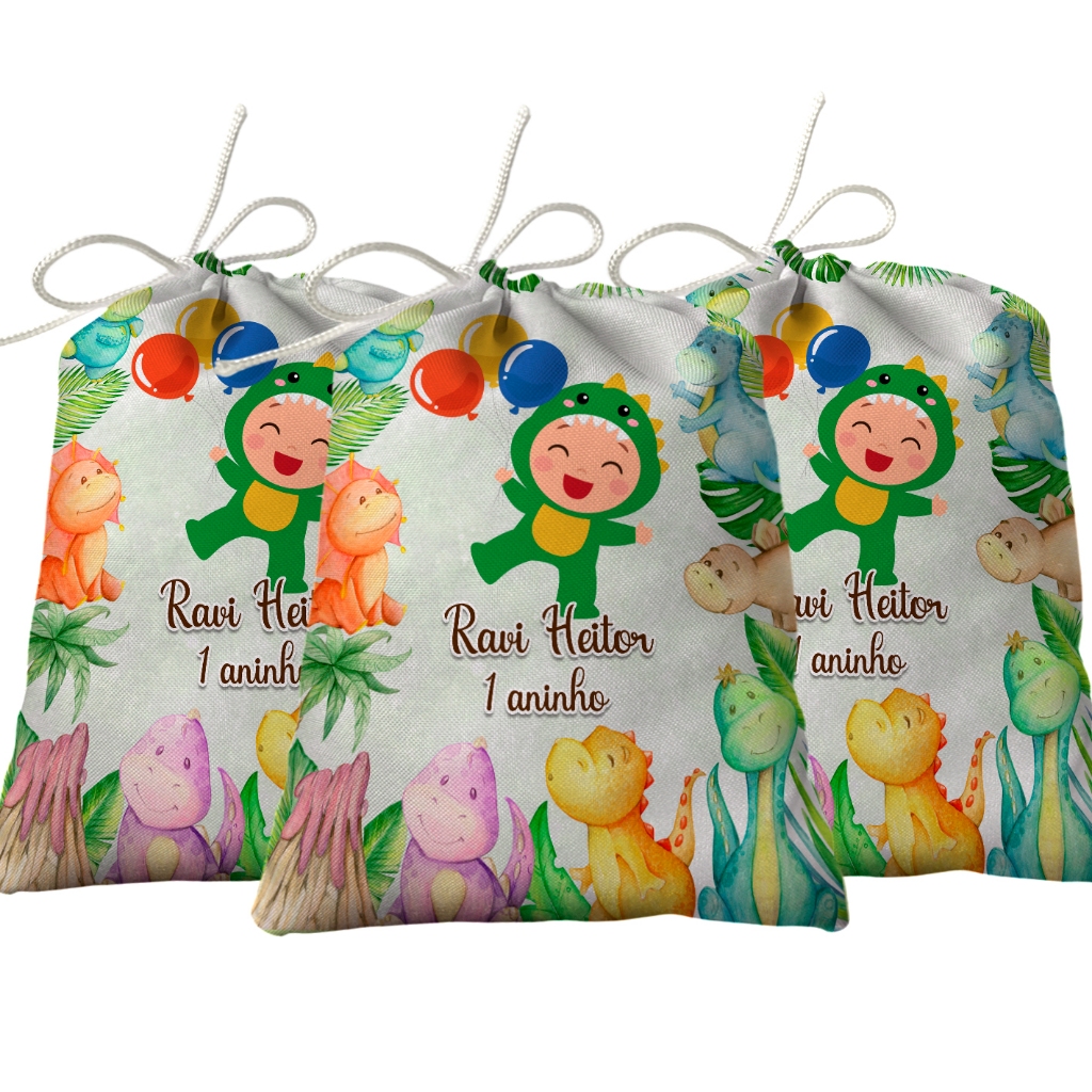 Sacolinha Lembrancinha Festa Aniversário Surpresa Tecido Personalizado Dinossauro Baby