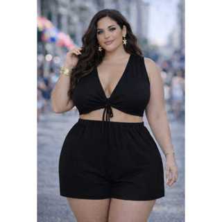 Conjunto Preto Plus Size Cropped e Short Feminino Verão em Oferta na Shopee