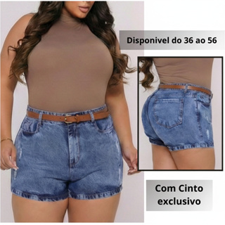 Short Plus Size Jeans Feminino Cintura Alta Com Cinto 100% Algodão em Oferta na Shopee