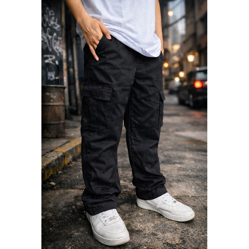 Calça Cargo Masculina Sarja Preta 6 Bolsos Streetwear do P ao GG