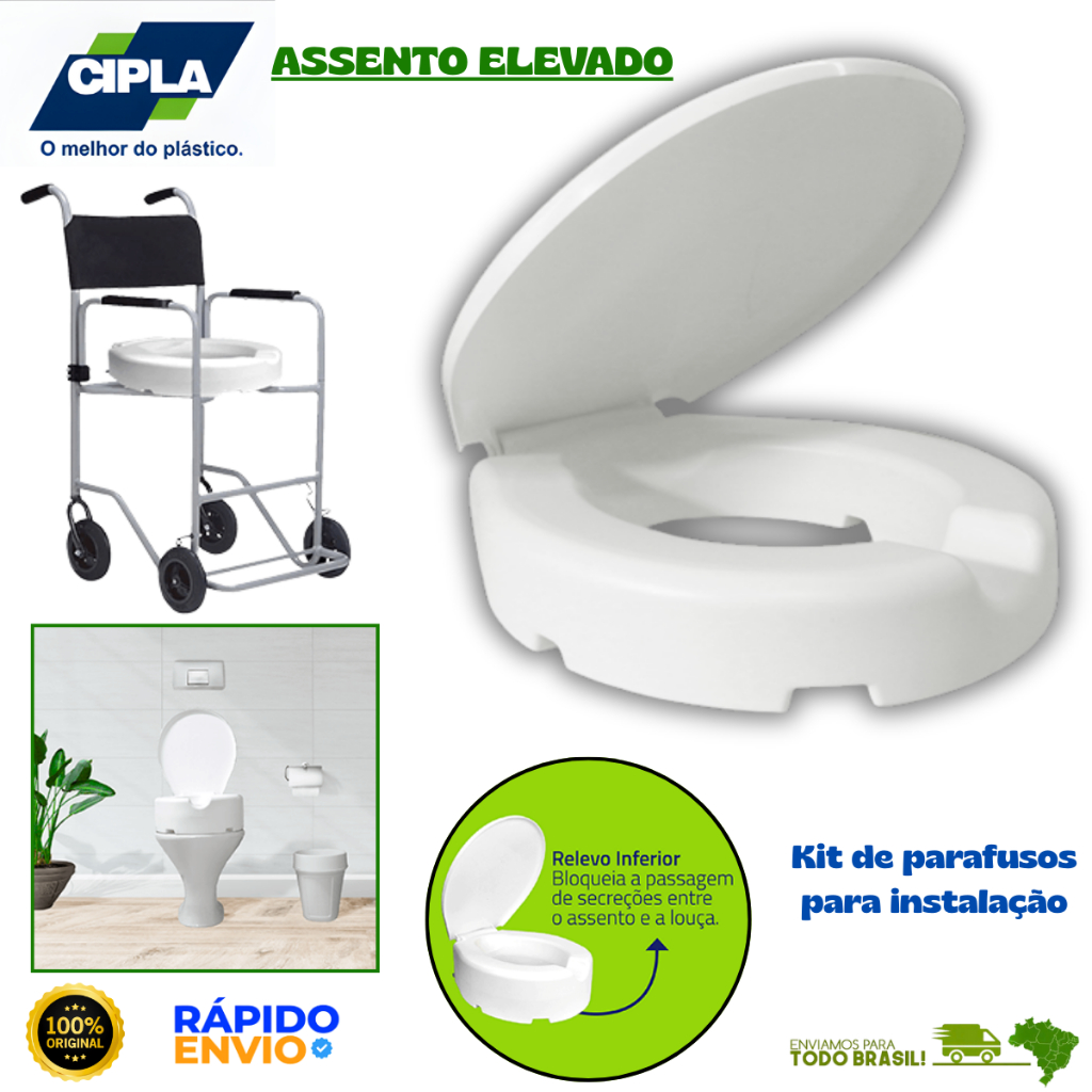 Assento Elevado De Vaso Sanitário Com Tampa Para Idoso 7,5cm Cipla Cadeira de Banho Vasos Resistente