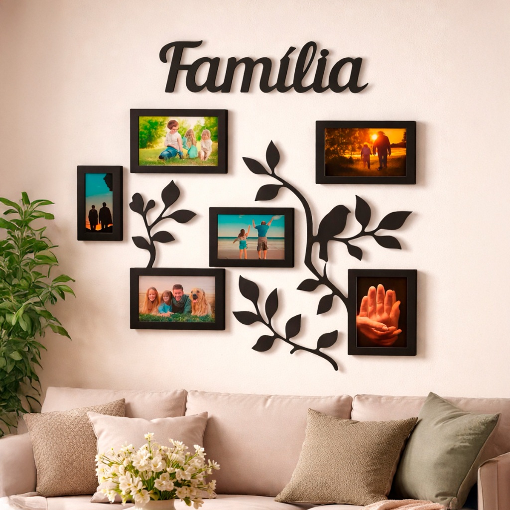 Painel Porta Retrato Parede MDF Familia 6 Fotos Decorativo Moldura Galhos Enfeite Sala Quarto Grande Organizador