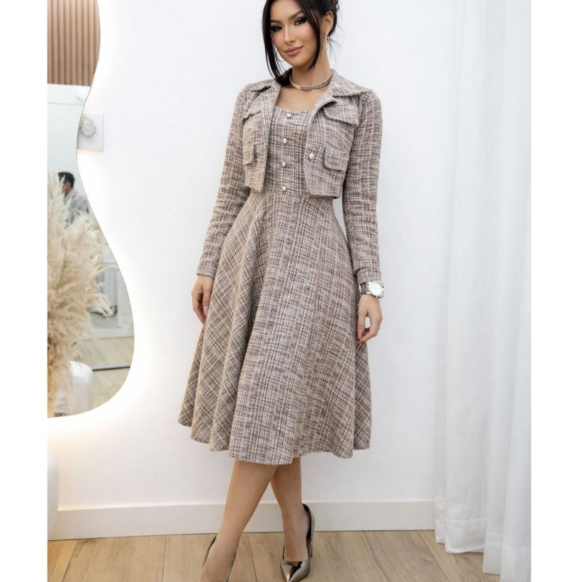 Conjunto  Tweed Midi Femenino com Casaco Cropped e Saia Evase Elegante Inverno Chic