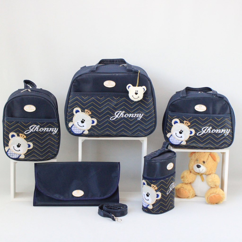KIT BOLSA MATERNIDADE URSO COROA  5 PEÇAS PERSONALIZADO( MARINHO)