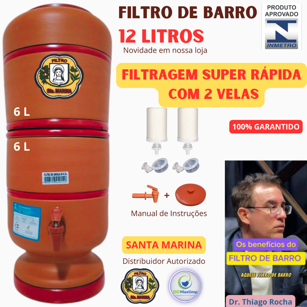 FILTRO DE BARRO PURIFICADOR 12 LITROS (6L + 6L) COM 2 VELAS - COMPLETO em Oferta na Shopee