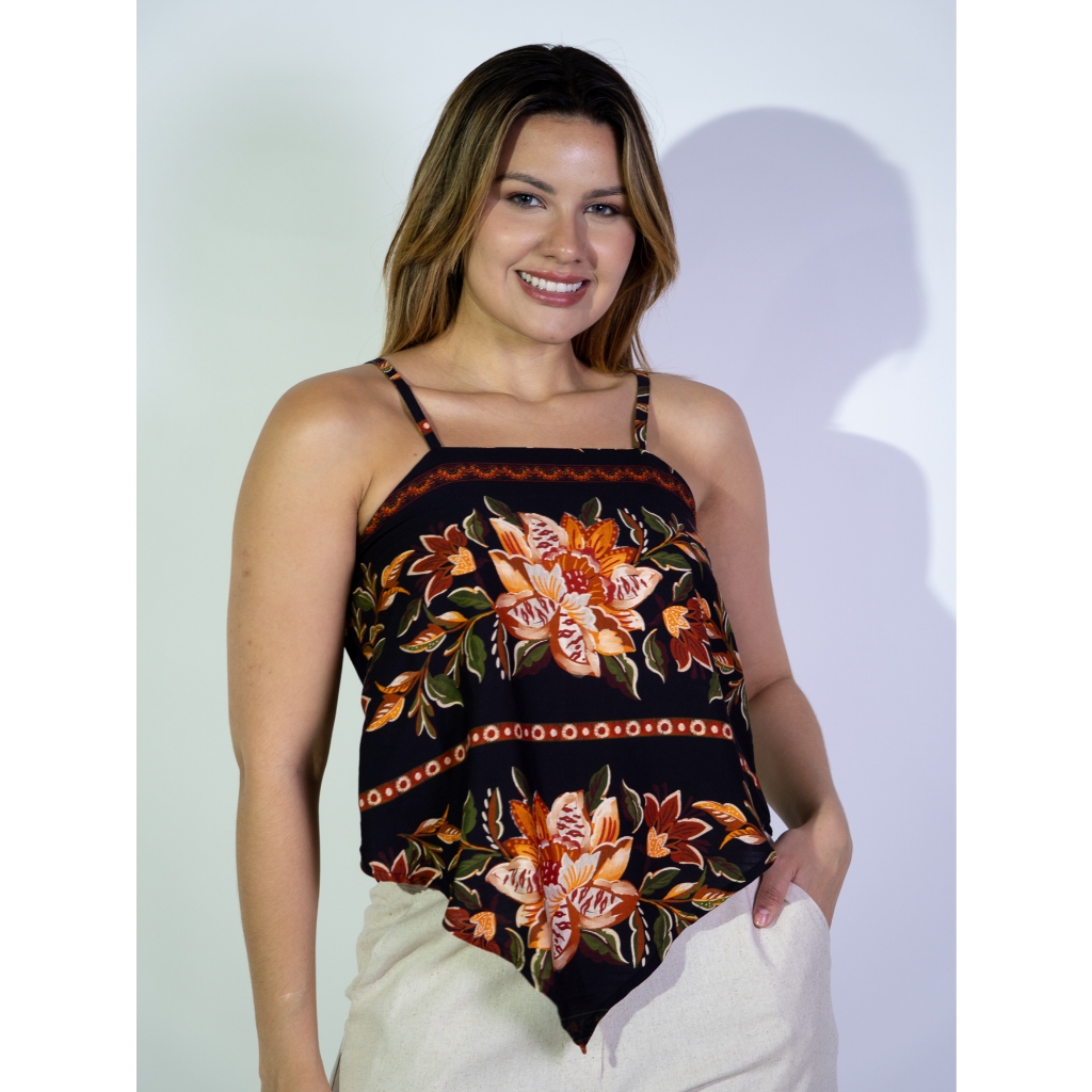 Blusa lenço feminina com ponta estampada e regulagem alça verão em Oferta na Shopee