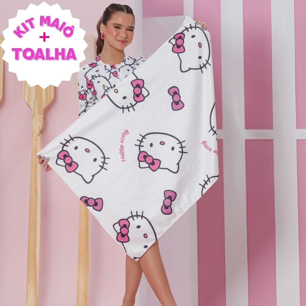 Conjunto Kit Praia Maiô Infantil Manga longa Ziper Frontal + Toalha Hello Kitty Algodão Feminino