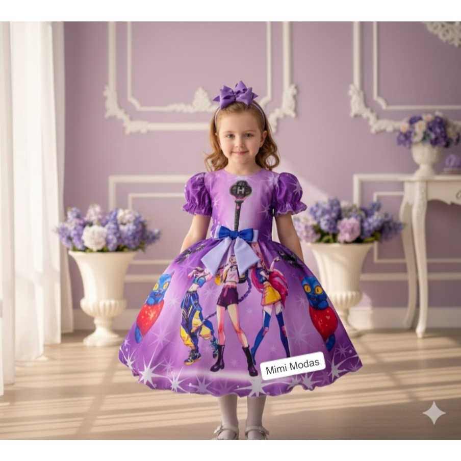 Vestido Infantil Menina Tematico Luxo Guerreiras do K-Pop Roxo Lilas Aniversario Filme Desenho