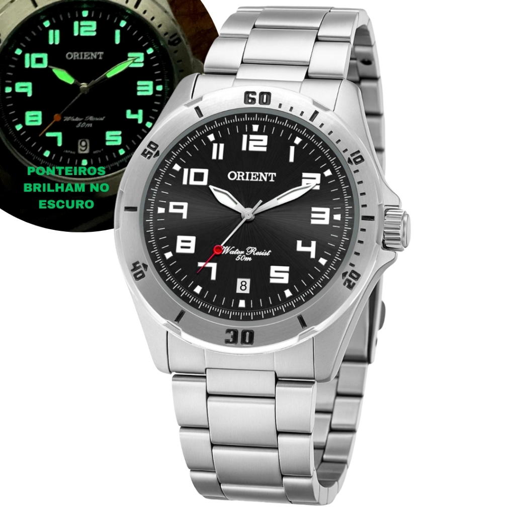 Relógio Orient Analógico Masculino Quartz Em Aço inoxidável Casual Calendário Brilha No Escuro Prova D'água 50 Metros
