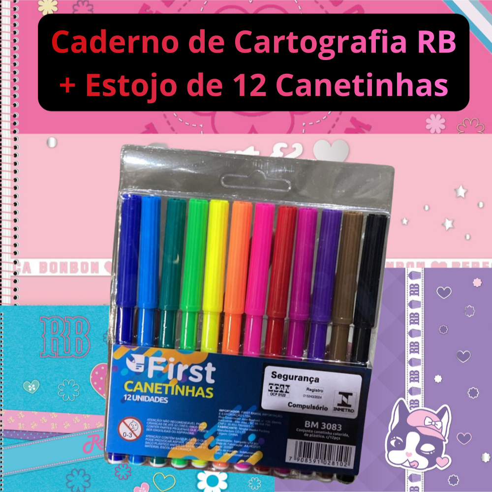 KIT ESCOLAR CADERNO DE CARTOGRAFIA 60 FOLHAS REBECCA BONBON + ESTOJO DE 12 CANETINHAS PARA COLORIR