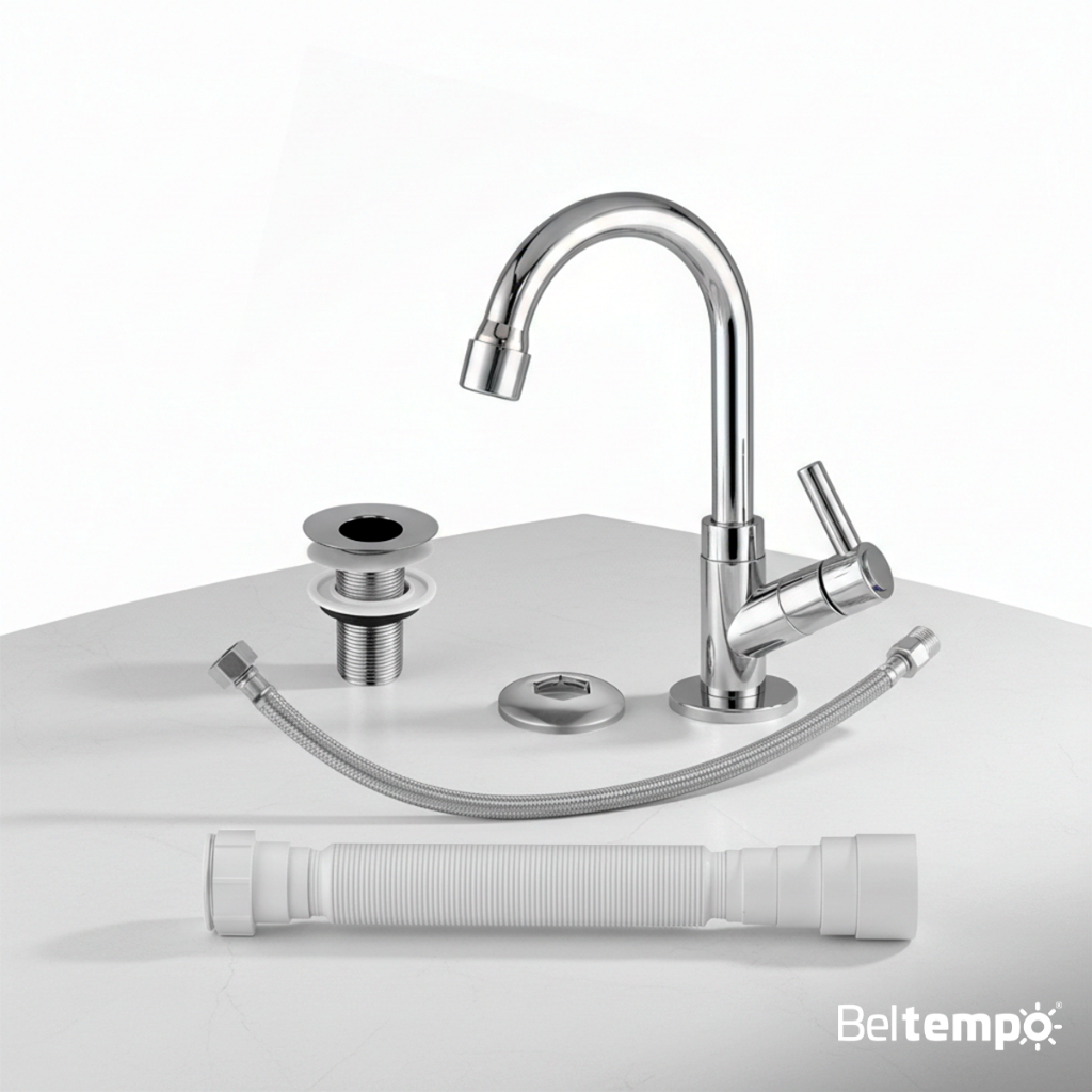 Kit Torneira Banheiro ABS Bica Baixa 1/4 Volta + Válvula 7/8 Inox + Sifão + Engate Beltempo