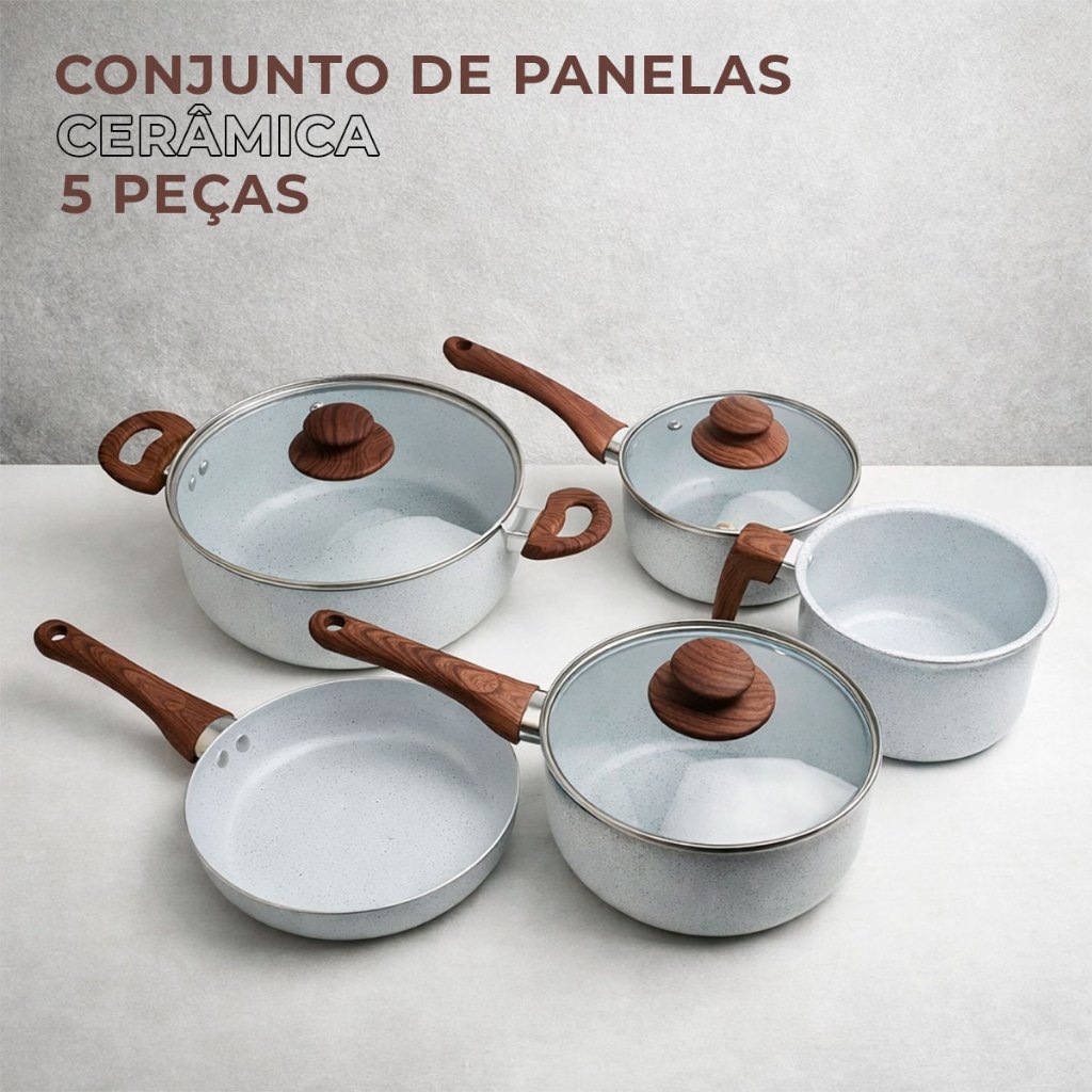 Conjunto de Panelas Antiaderente Cerâmica de Indução 5 Peças Lecce Vanilla