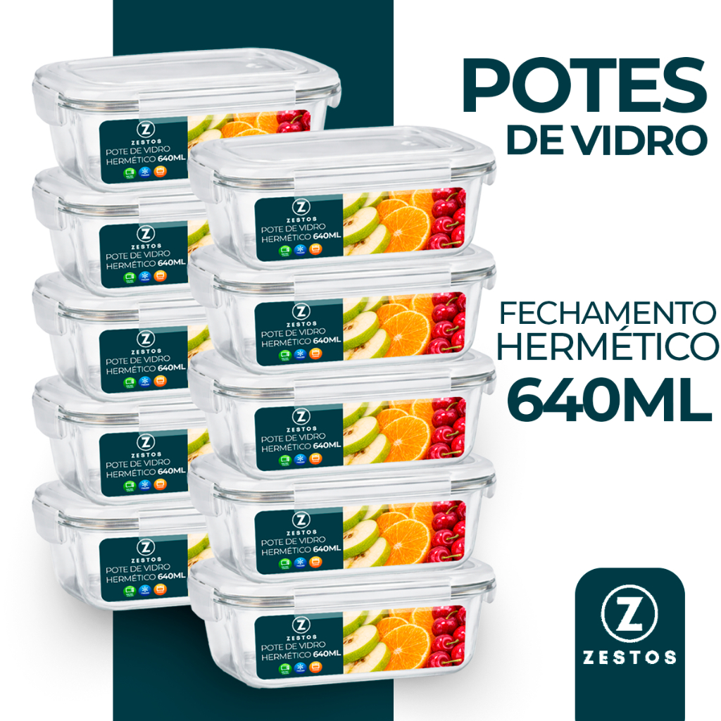 Conjunto Potes 640ml Vidro Hermético 4 Travas Fitness Alta Vedação Marmita em Oferta na Shopee