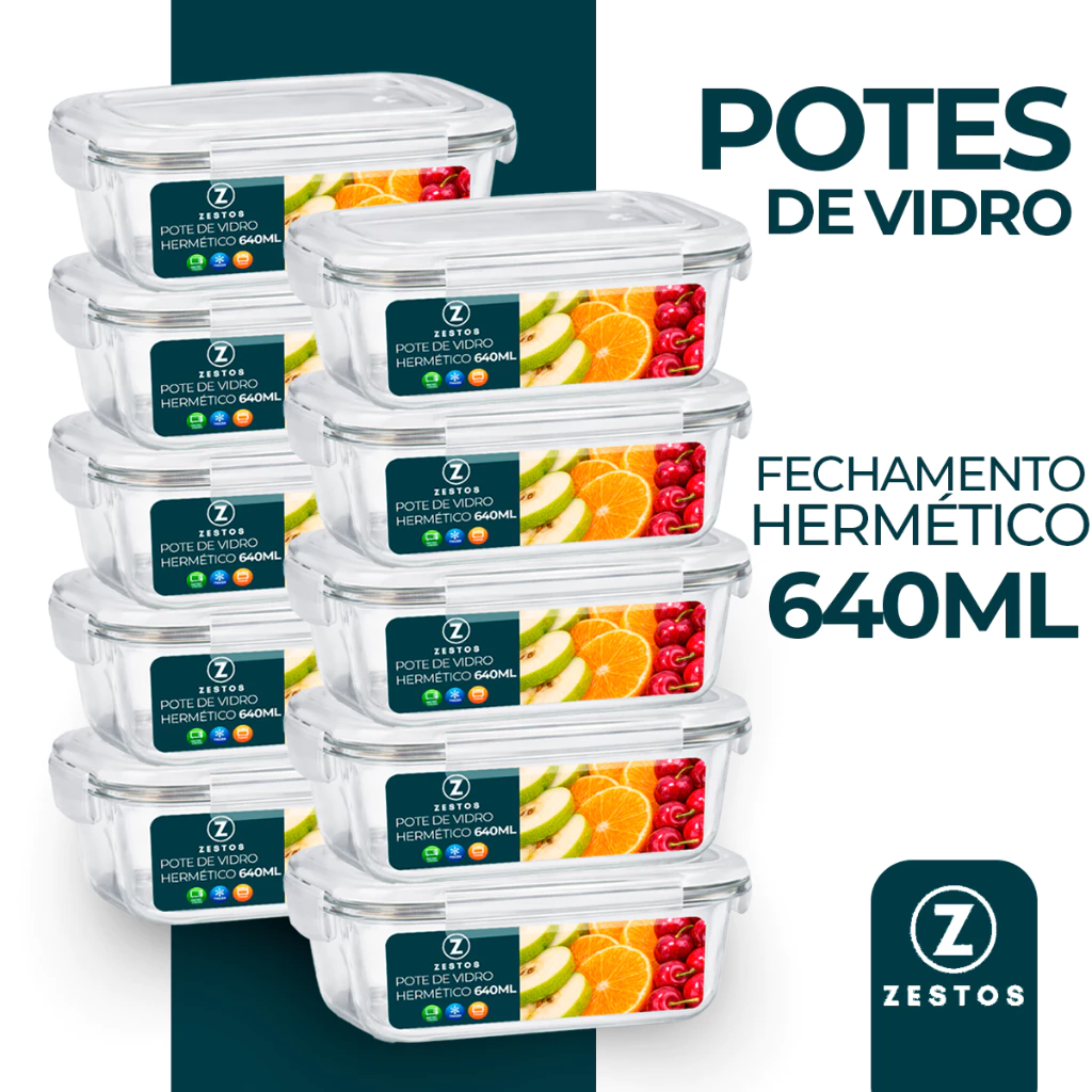 Conjunto Potes 640ml Vidro Hermético 4 Travas Fitness Alta Vedação Marmita — imagem 1