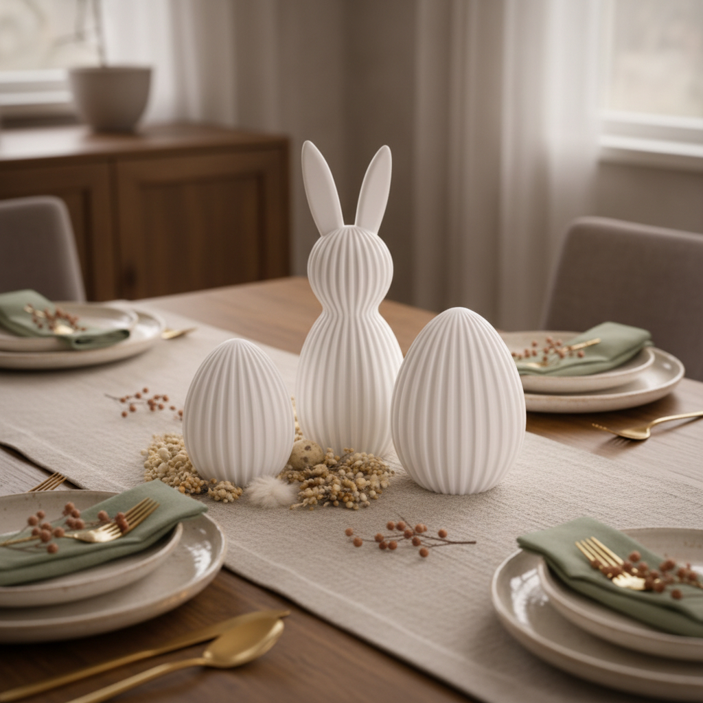 Kit Decorativo 3 Peças da Páscoa Minimalista Coelho e Ovos Branco Fosco Canelado