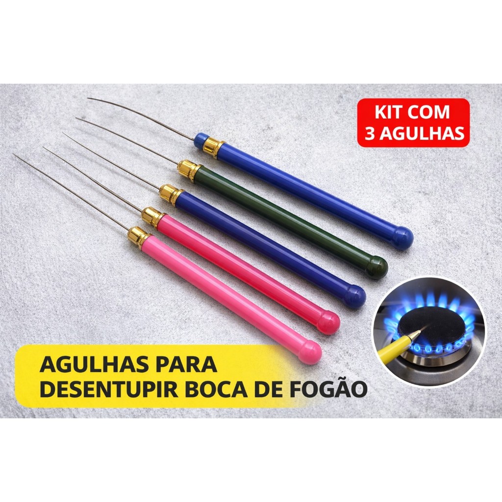 KIT 3 UNIDADES DE AGULHA PARA DESENTUPIR BOCA DE FOGÃO GÁS AGULHA