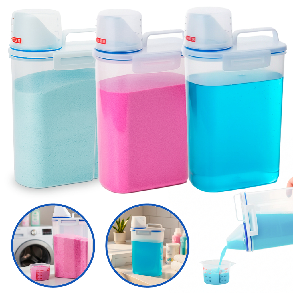Kit 3 Dispenser Organizador Lavanderia 2 litros Pote Hermético Copo Dosador (AMACIANTE, SABÃO EM PÓ, SABONETE LÍQUIDO)