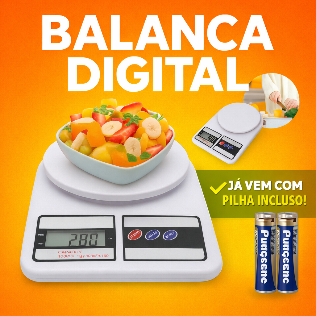 Balança Digital de Cozinha até 10kg com Pilhas Inclusas Alta Precisão para Dieta e Academia