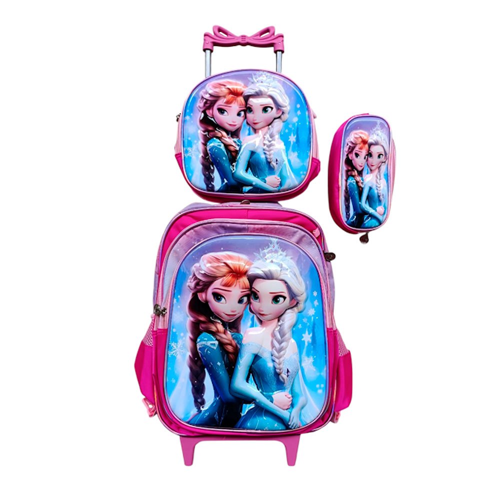Kit Mochila da Frozen e Elsa com Rodinhas + Lancheira Térmica + Estojo Escolar Infantil em 3D