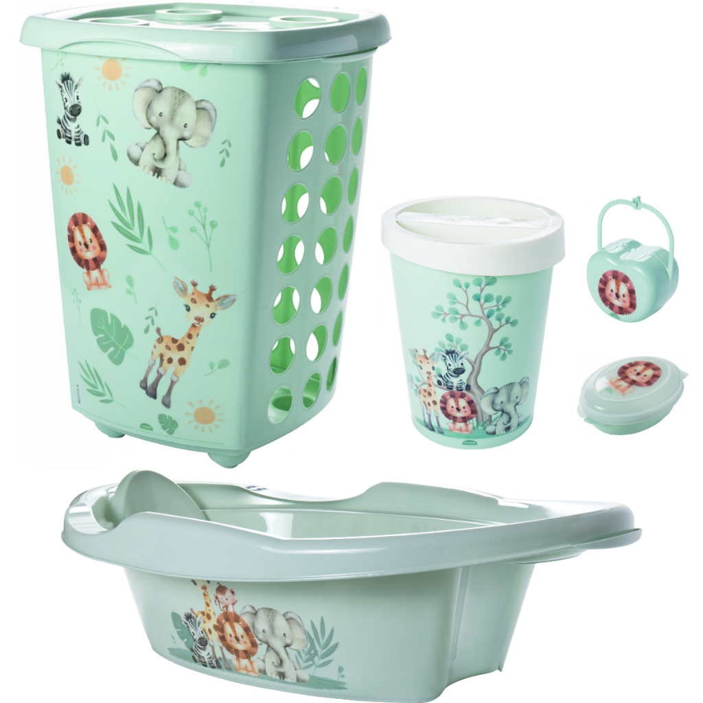 Kit Cesto de Roupa 38L, Banheira 21L, Lixeira 5,5L, Saboneteira e Porta Chupeta Para Bebês SAFARI em Oferta na Shopee
