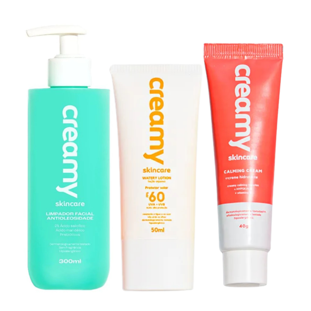 Kit Creamy Antioleosidade - Sabonete Antioleosidade + Protetor Solar Watery Lotion FPS60 + Calming Cream em Oferta na Shopee