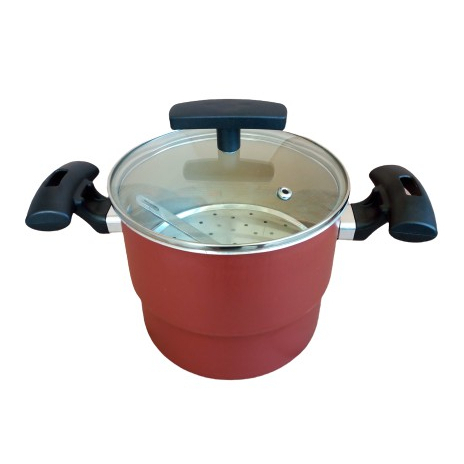 Cuscuzeira Antiaderente teflon 5 camadas com tampa de vidros cor Cereja