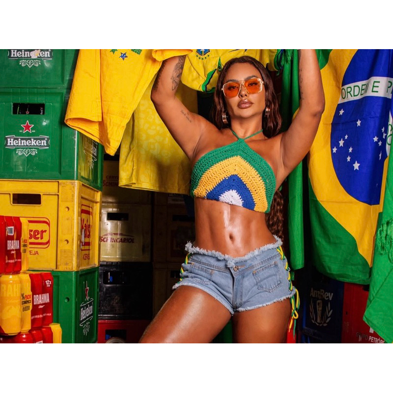 Top Cropped Frente Unica Crochê Brasil - Copa em Oferta na Shopee