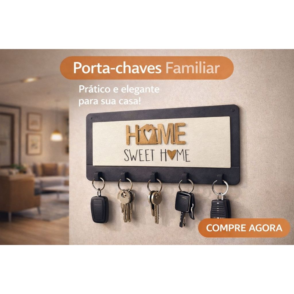 Porta Chaves 5 Ganchos Parede Decoração Moderna Madeira MDF - HOME SWEET HOME