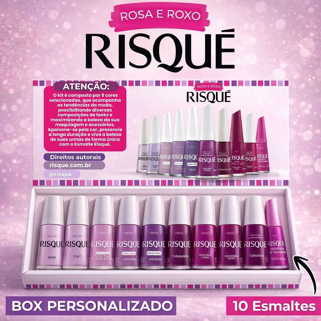 Kit 10 Esmaltes Risqué Diversos Tons Rosa e Roxo + Box Personalizado Esmalte Atacado