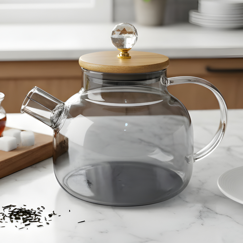 Jarra Bule Chaleira de Vidro Fumê 1L com Tampa de Bambu Cristal em Borossilicato Resistente ao Calor Café Chá Promoção