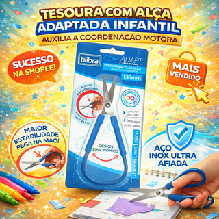 Tesoura Escolar Infantil 13cm Tilibra Inox Ponta Arredondada Cabo Ergonômico Coordenação Motora