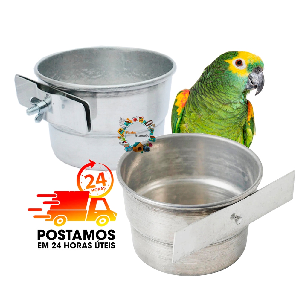 Kit 2 Pote Caneca de Aluminio Comedouro Para Papagaio Calopsita Maritaca Loro Ring Neck Aves Grandes Pássaros