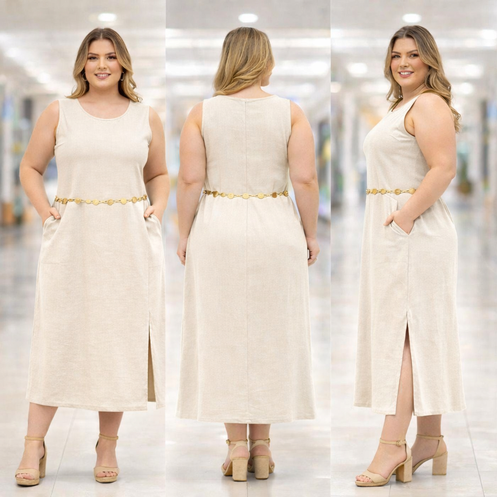 Vestido Regata Feminino Linho com Forro Zíper na Costas Longo Fenda Lateral Elegante Verão Não Pinica Plus Size GG G1 G2
