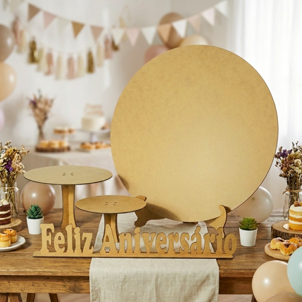 Kit Festa Painel 50x50 Redondo Boleira Mdf Escrita Feliz Aniversário na Base Decoração de Festa em Oferta na Shopee