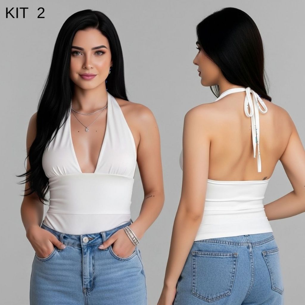 Kit 2 Blusas  Supléx Costas Nua Verão Halter Decote V  Do  P Ao G em Oferta na Shopee