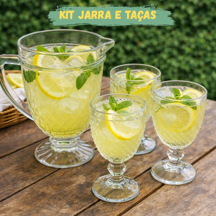 Kit Jarra de Vidro 4 Taças Diamond Luxo Conjunto Completo Suco e Agua  Drinks Bebidas