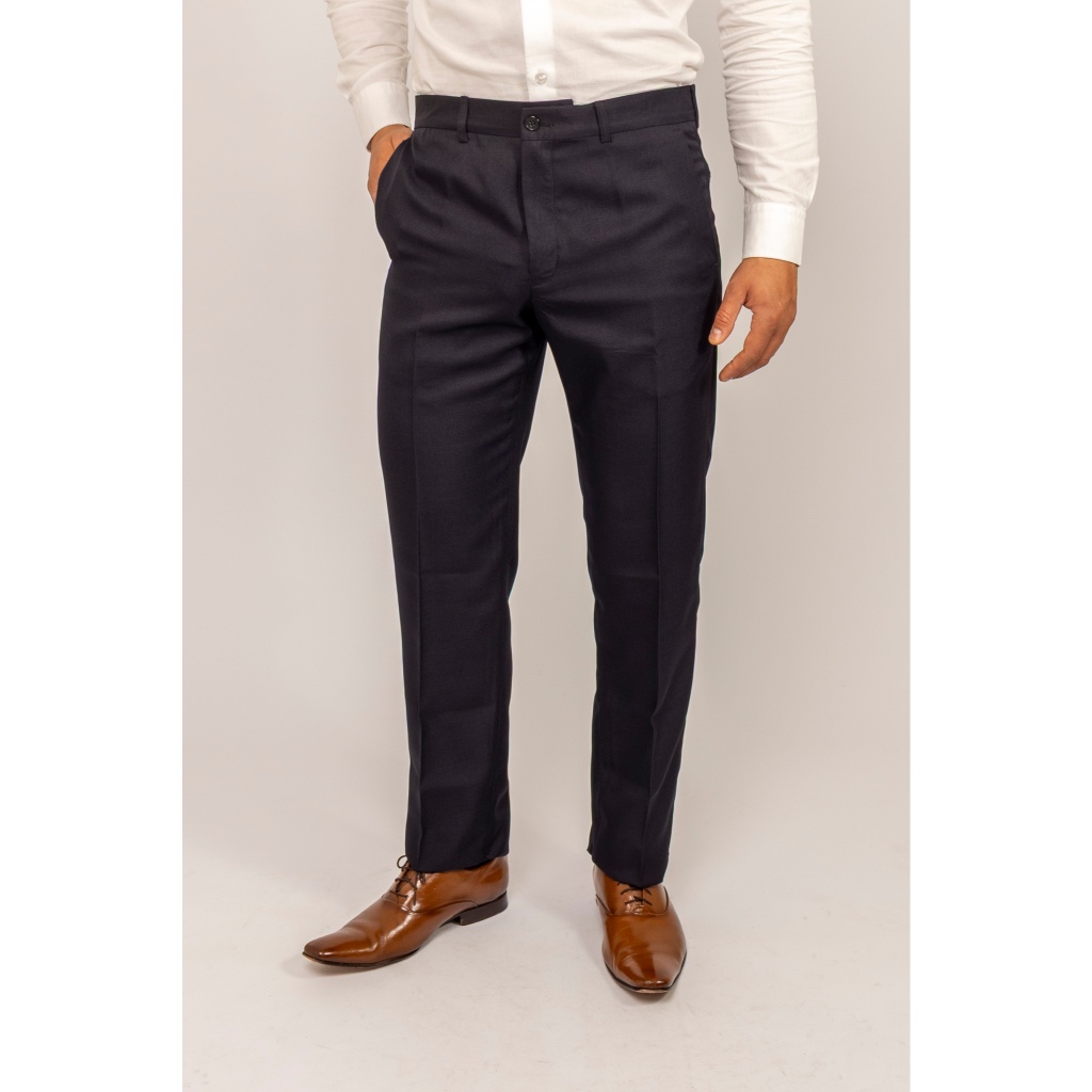 Calça Social Masculina Alfaiataria Tradicional Marinho Noite , Tecido Microfibra Liso e Cós transpassado, Sem barra