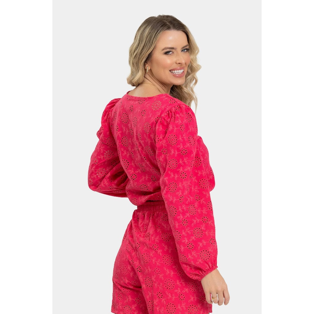 Detalhes do Blusa Feminina Pink Texturizada Laise 100% Algodão Manga Longa Decote V Pink Casual Elegante