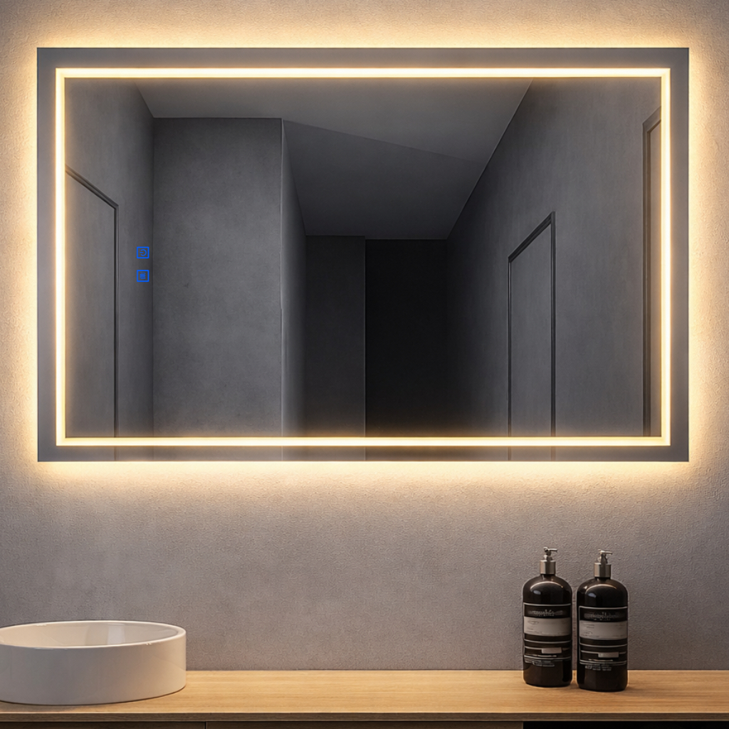 Espelho LED Banheiro Touch 3 Cores de Luz Com Desembaçador e Display Digital 80x60 cm Bivolt