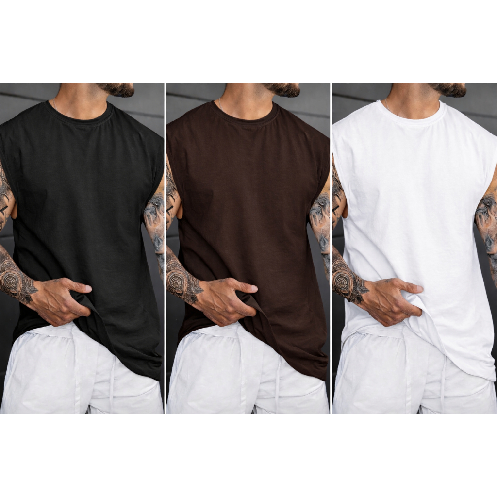 Kit 3 Regata Casuais Confortáveis Algodão Liso Academia Conjunto