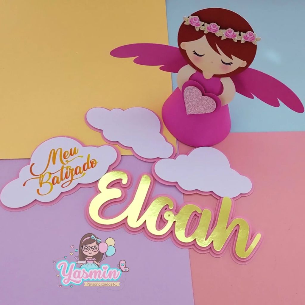 Topo de Bolo 3d Batizado Personalizado com Nome Topper Anjinho Rosa Menina Batismo Católico
