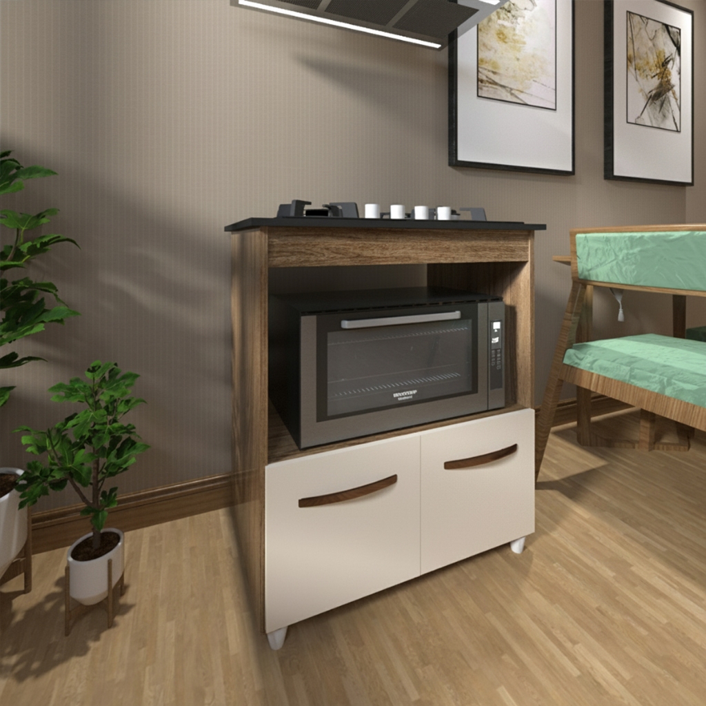 Balcão Armário de Cozinha para Fogão Cooktop 4 Bocas e Forno Elétrico Evelyn Savana Off White