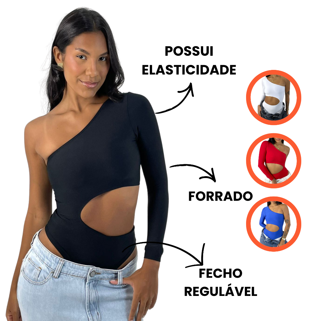 Body Bory Feminino Mula Manca Recorte Vazado Um Ombro Só Manga Longa Suplex Premium