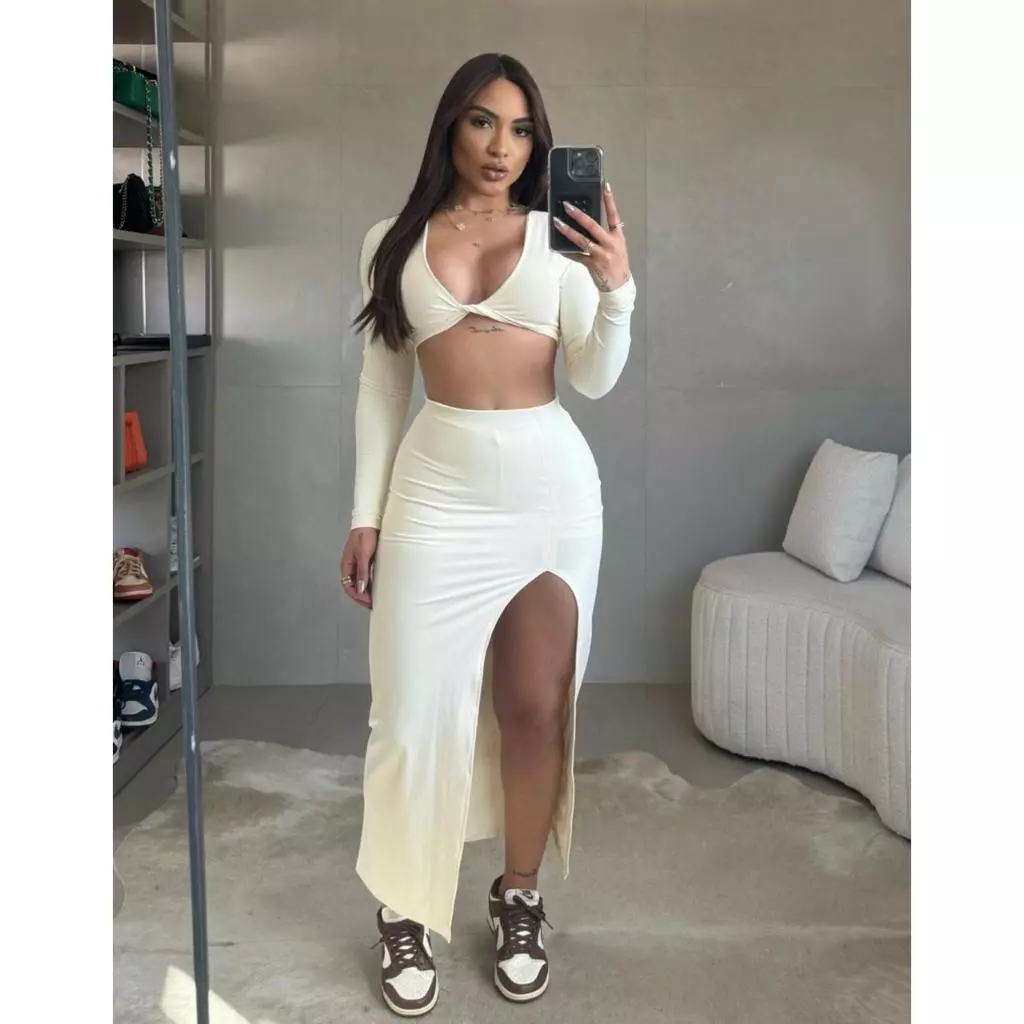 Conjunto Feminino Moda Verão Cropped Decote Torcido Manga Longa Saia Midi Fenda — imagem 1