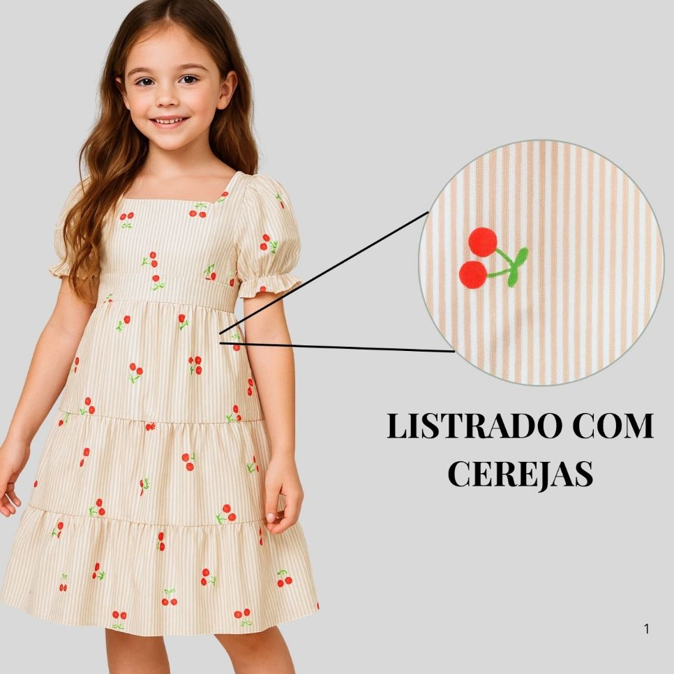 Vestido Infantil e Juvenil menina listrado com cereja verão ( 2 ao16 anos ) em Oferta na Shopee